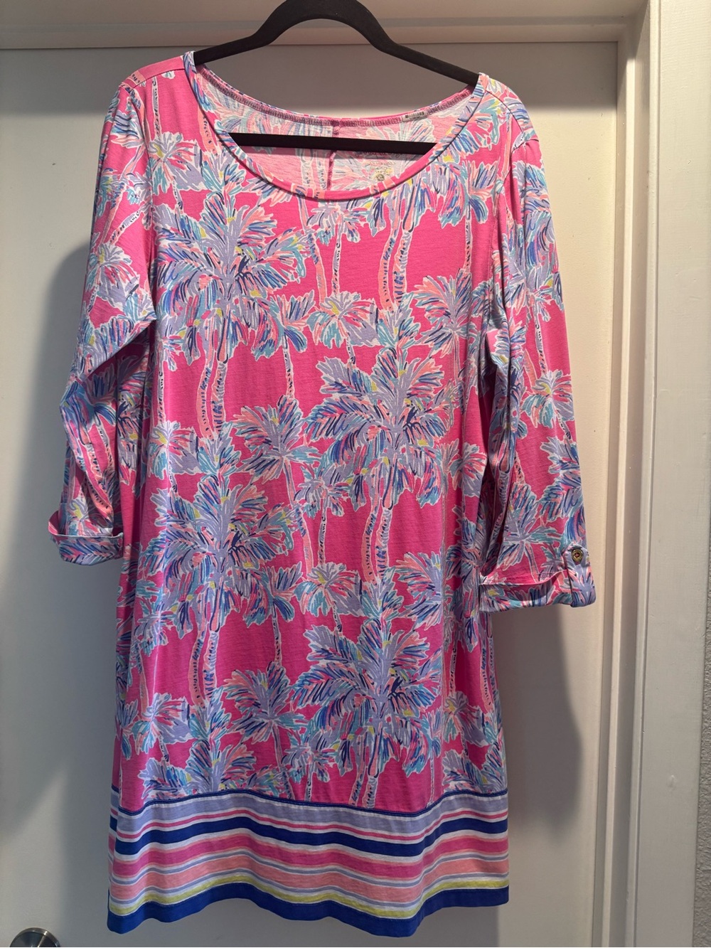 Pink Palm-Print Scoop Neck Women's Top